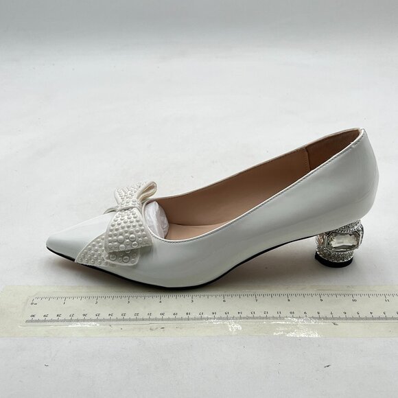 FSJ White Pointed Toe Crystal Pump Rhinestone Bow Block Low Heel Slip On Shoes - Picture 2 of 8